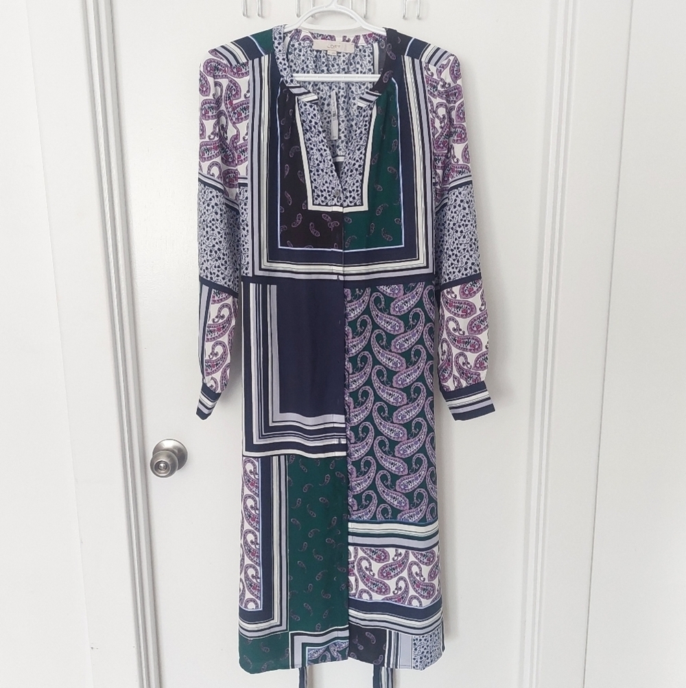 LOFT Long Sleeve Patchwork Dress - Purple, Green, Navy
